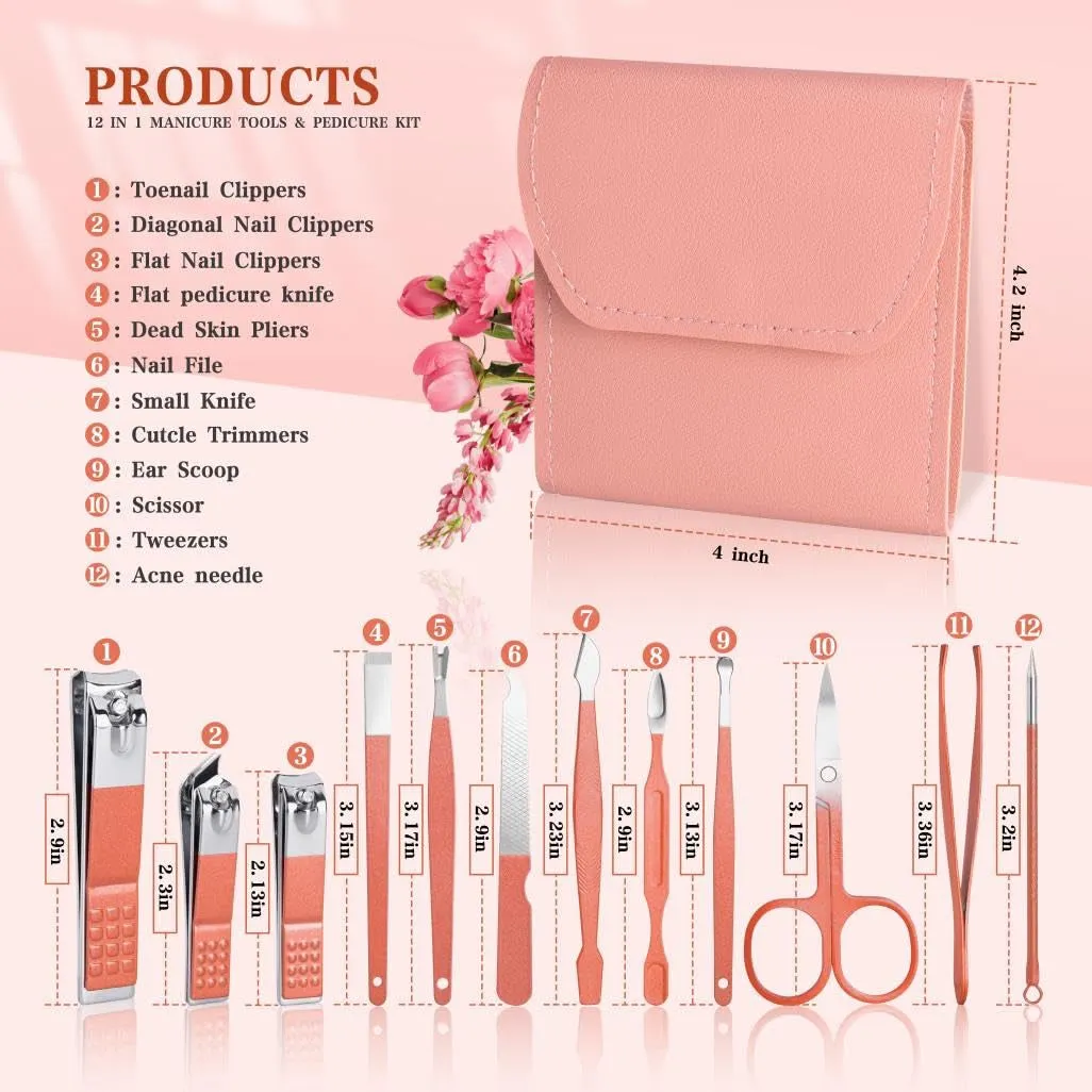 12-Piece Stainless Steel Manicure Set - Professional Nail Clippers & Grooming Tools in Leather Case