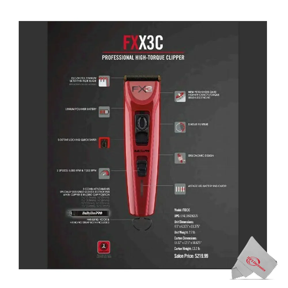 BaByliss PRO FX3 Professional Cordless Clipper & Trimmer FXX3T with Carrying Case and Neck Duster