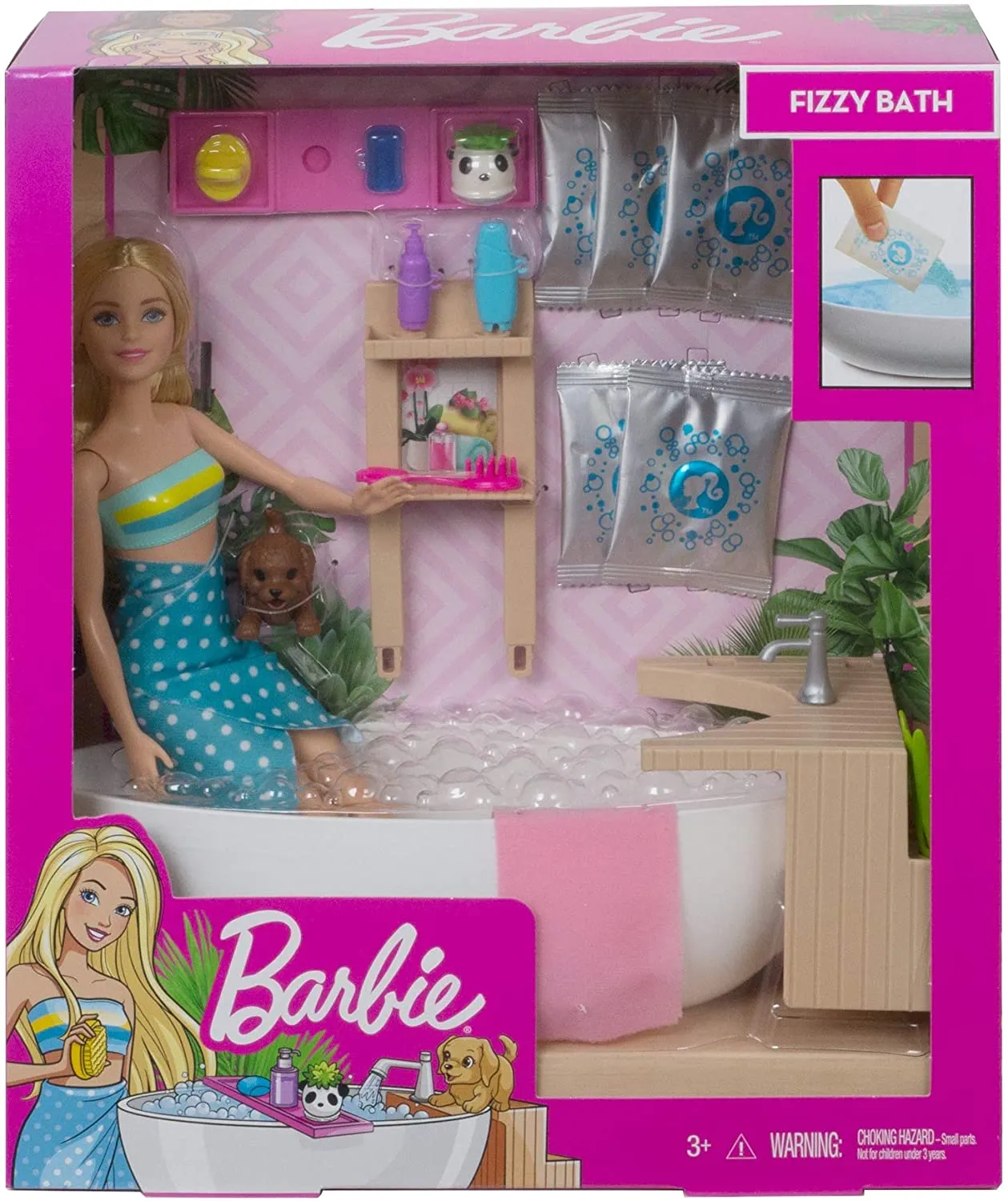 Barbie Fizzy Bath Doll and Playset, Blonde, With Tub, Puppy & More