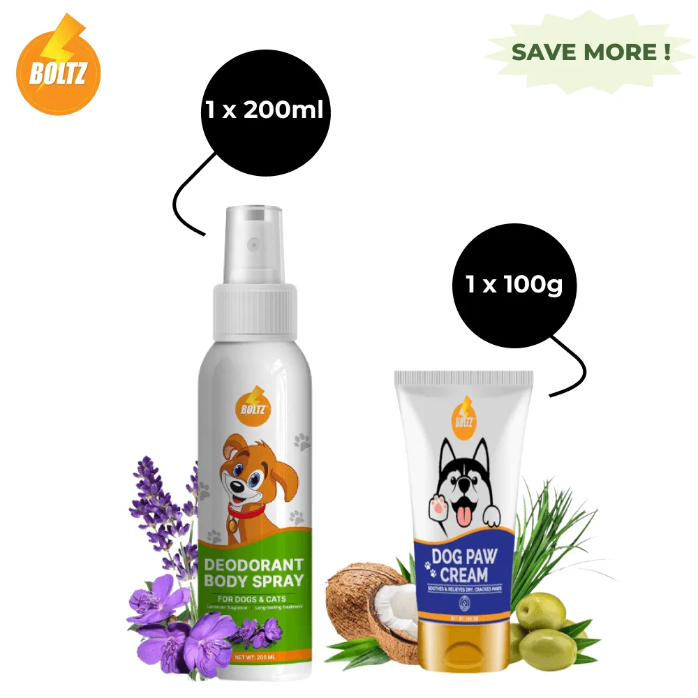 Boltz Body Spray Perfume Deodorizers and Cracked and Chapped Paw Cream for Dogs Combo