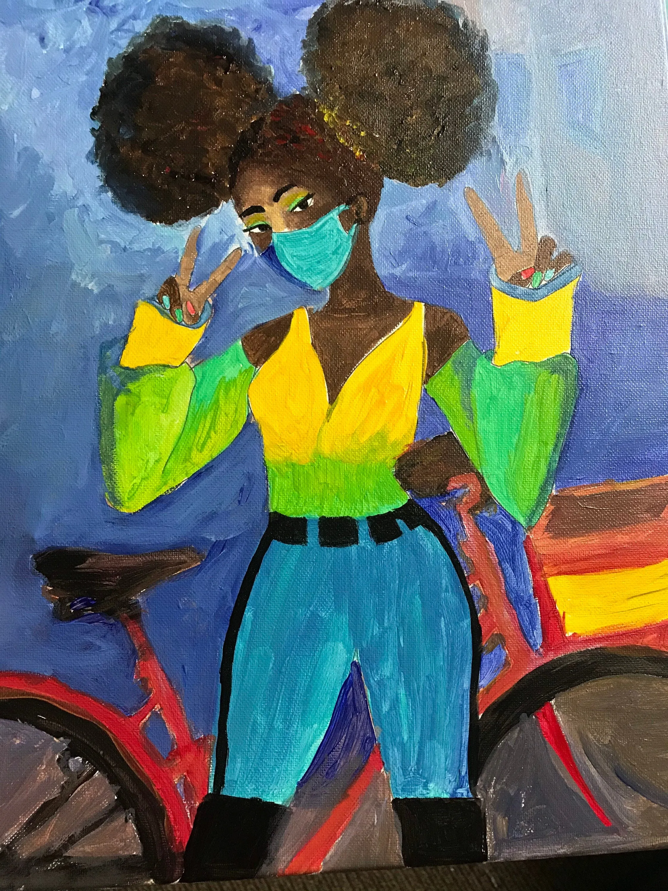 DIY Paint and SIp Afro Puff Biker Girl with Peace Sign - Paint Party Predrawn Canvas