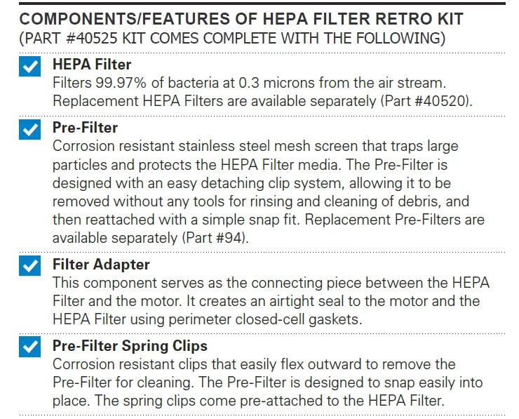 Excel Dryer XLERATOR® 40525 Certified HEPA Filter RETROFIT KIT