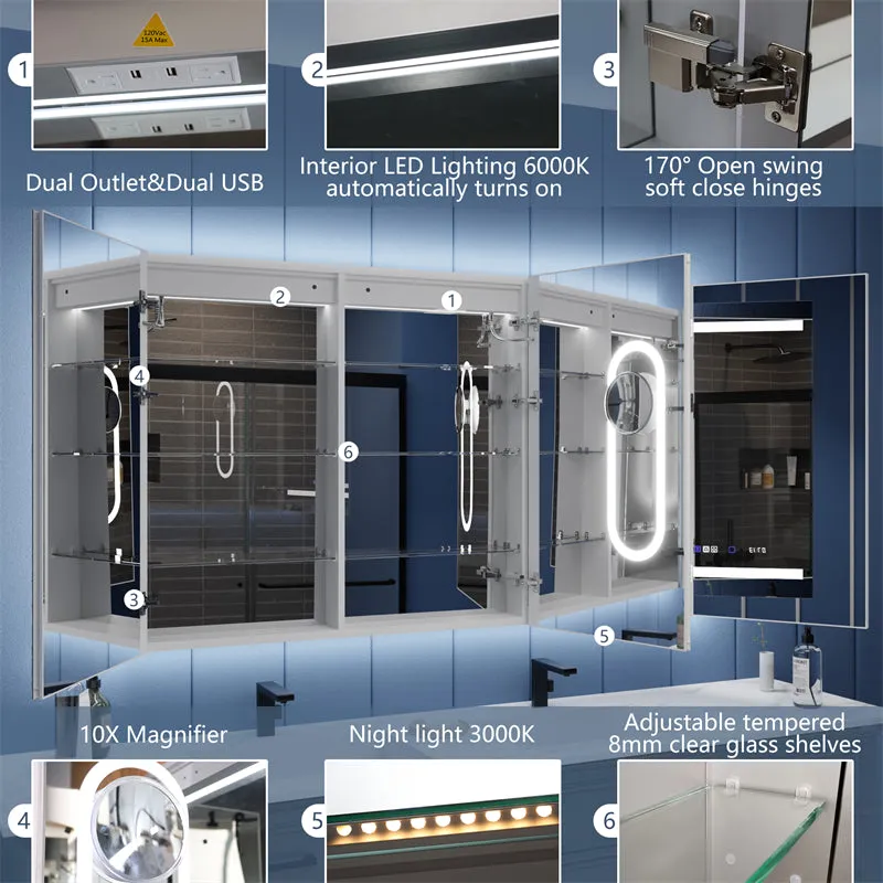 Illusion-B 60" x 36" LED Lighted Inset Mirrored Medicine Cabinet with Magnifiers Front and Back Light