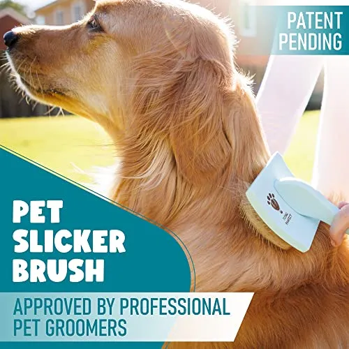 Pet Slicker Brush With Soft Massage Grooming Stainless Steel Pins - Slide This Universal Miracle Coat Slicker Brush for Dematting, Shedding Fur, and Undercoat - Ideal Gift for Professional Pet Groomers - Long Slicker Brush - Flying Pawfect