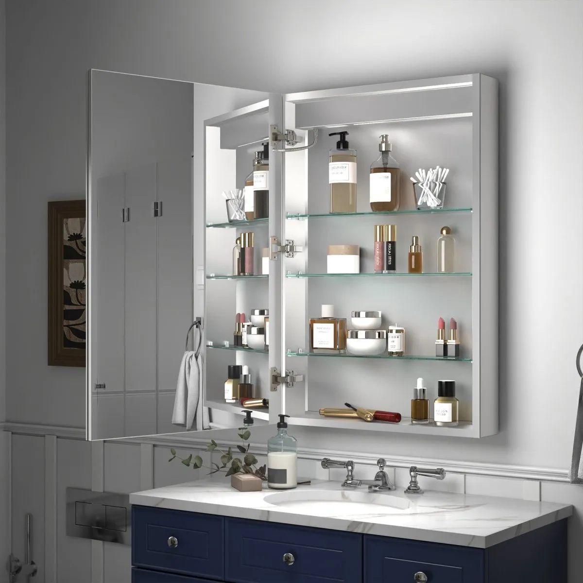 Rim 24" W x 36" H LED Lighted Medicine Cabinet Recessed or Surface with Mirrors, Hinge On The Left