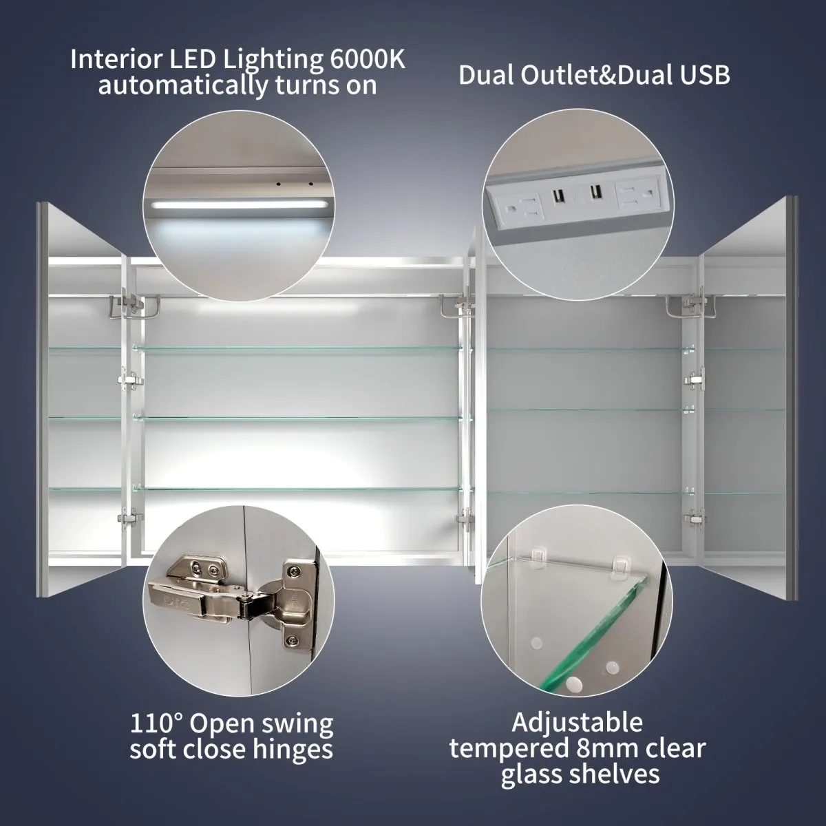 Rim 60" W x 32" H Lighted Medicine Cabinet Recessed or Surface LED Medicine Cabinet with Outlets & USBs