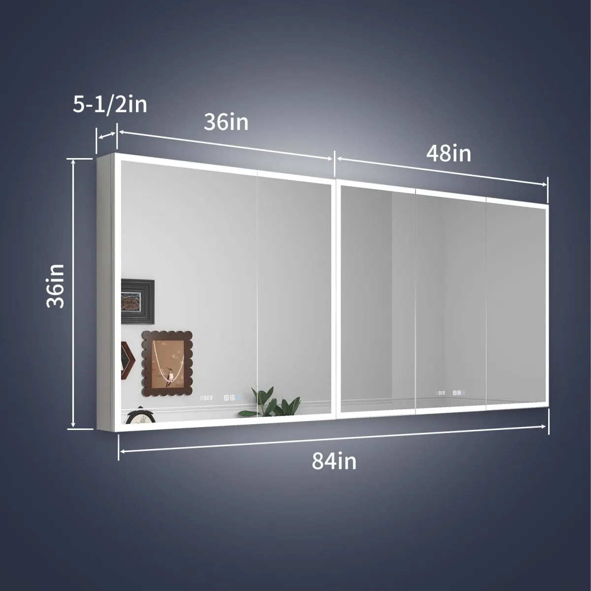 Rim 84" W x 36" H LED Lighted Medicine Cabinet Recessed or Surface with Mirrors,36-48